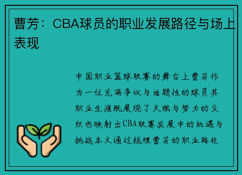 曹芳：CBA球员的职业发展路径与场上表现