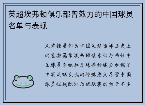 英超埃弗顿俱乐部曾效力的中国球员名单与表现